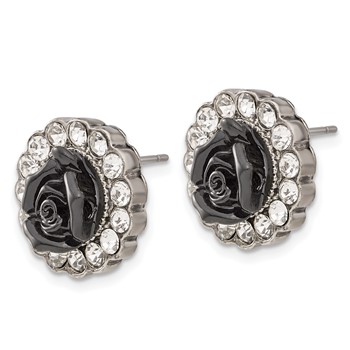1928 Silver-tone Black Enamel Flowers & Crystal Post Earrings — alternate view