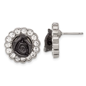 1928 Silver-tone Black Enamel Flowers & Crystal Post Earrings