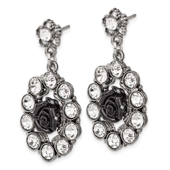 1928 Silver-tone & Antiqued Black Flowers & Crystal Post Dangle Earrings — alternate view