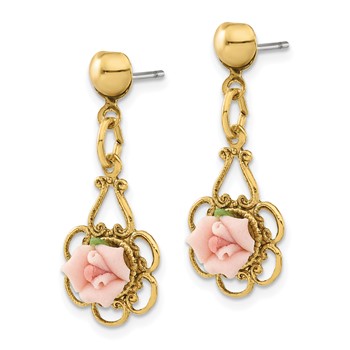 1928 Jewelry Gold-tone Filigree Pink Porcelain Rose Dangle Post Earrings — alternate view