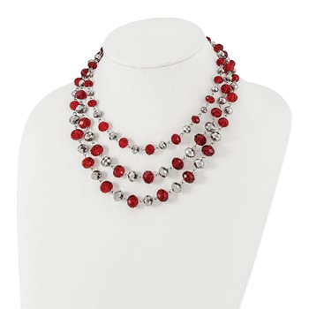 1928 Jewelry Silver-tone Three Strand Red and Grey Epoxy Faceted Stone Adjustable 16 inch Necklace with 3 inch extension — alternate view