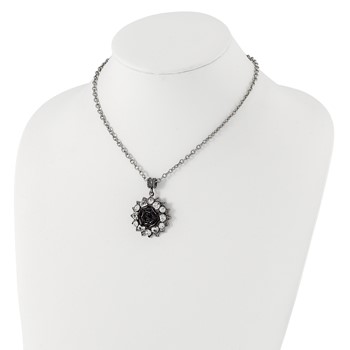 1928 Silver-tone Crystal & Black Enamel Flower 16in w/3in ext Necklace — alternate view