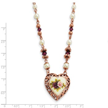 1928 Jewelry Rose-tone Heart Filigree Frame Purple Faceted Crystal Bead Imitation Pearl Rose Floral Motif 15 inch Necklace — alternate view