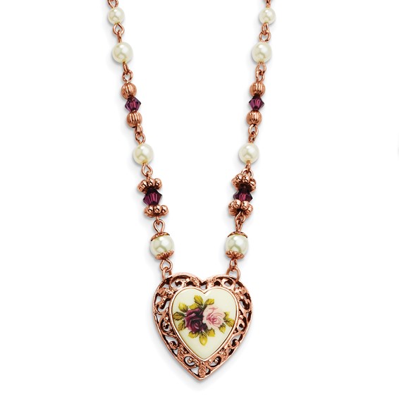 1928 Jewelry Rose-tone Heart Filigree Frame Purple Faceted