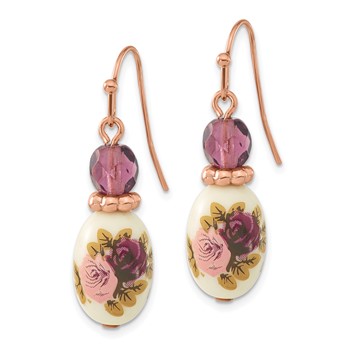 1928 Rose-tone Dark Purple Crystal and Floral Decal Dangle Earrings — alternate view