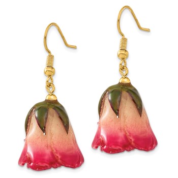 Lacquer Dipped White and Pink Real Rosebud Gold-tone Dangle Wire Earrings — alternate view