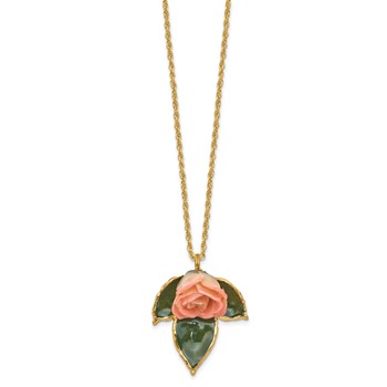 Lacquer Dipped Cream and Pink Real Rose on 24K Gold-trim Lacquered Dipped Leaf 20 inch Gold-tone Necklace — alternate view