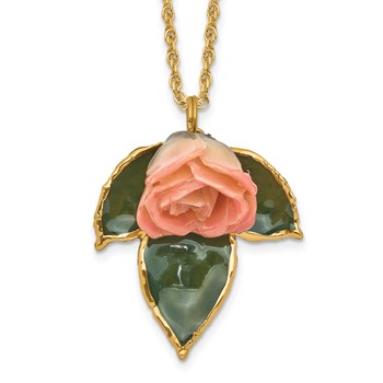 Lacquer Dipped Cream and Pink Real Rose on 24K Gold-trim Lacquered Dipped Leaf 20 inch Gold-tone Necklace