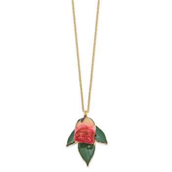 Lacquer Dipped White and Pink Real Rosebud on 24K Gold-trim Lacquered Dipped Leaf 20 inch Gold-tone Necklace — alternate view
