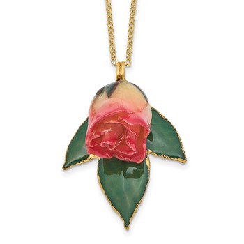 Lacquer Dipped White and Pink Real Rosebud on 24K Gold-trim Lacquered Dipped Leaf 20 inch Gold-tone Necklace