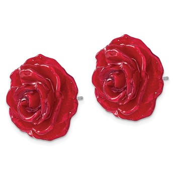 Lacquer Dipped Red Real Rose Silver-tone Post Earrings — alternate view
