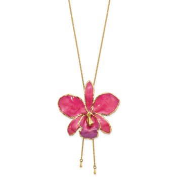 24K Gold-trim Lacquer Dipped Fuchsia Real Cattleya Orchid Slip-on Adjustable Gold-tone Necklace — alternate view