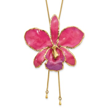 24K Gold-trim Lacquer Dipped Fuchsia Real Cattleya Orchid Slip-on Adjustable Gold-tone Necklace