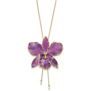 24K Gold-trim Lacquer Dipped Purple Real Cattleya Orchid Slip-on Adjustable Gold-tone Necklace — alternate view