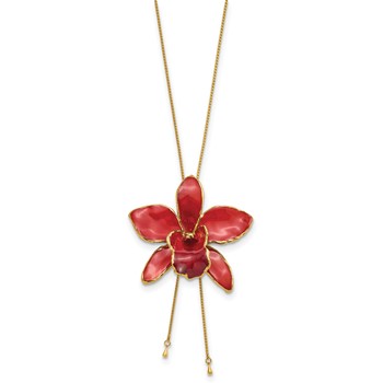 24K Gold-trim Lacquer Dipped Red Real Cattleya Orchid Slip-on Adjustable Gold-tone Necklace — alternate view