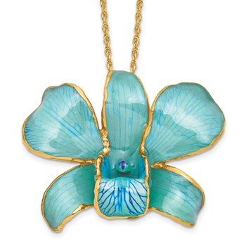 24K Gold-trim Lacquer Dipped Blue Real Dendrobium Orchid 20in Gold-tone Necklace