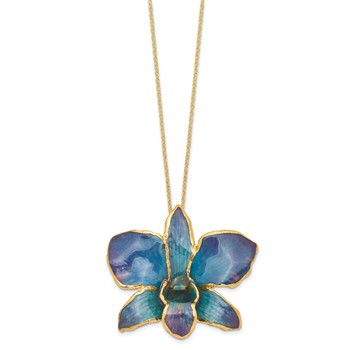 24K Gold-trim Lacquer Dipped Blue and Purple Real Dendrobium Orchid 20 inch Gold-tone Necklace — alternate view