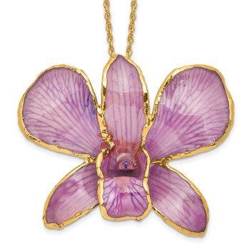 24K Gold-trim Lacquer Dipped Hot Lavender Real Dendrobium Orchid 20 inch Gold-tone Necklace