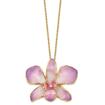 24K Gold-trim Lacquer Dipped White and Lilac Real Dendrobium Orchid 20 inch Gold-tone Necklace — alternate view