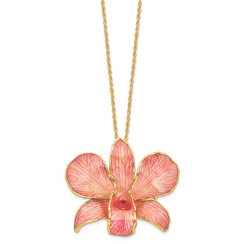 24K Gold-trim Lacquer Dipped Pink Real Dendrobium Orchid 20 inch Gold-tone Necklace — alternate view