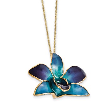 24K Gold-trim Lacquer Dipped Purple and Blue Real Dendrobium Orchid 20 inch Gold-tone Necklace — alternate view