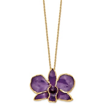 24K Gold-trim Lacquer Dipped Purple Real Dendrobium Orchid 20 inch Gold-tone Necklace — alternate view