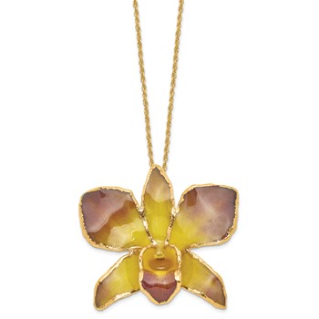 24K Gold-trim Lacquer Dipped Purple and Yellow Real Dendrobium Orchid 20 inch Gold-tone Necklace — alternate view