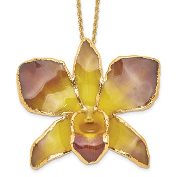 24K Gold-trim Lacquer Dipped Purple and Yellow Real Dendrobium Orchid 20 inch Gold-tone Necklace