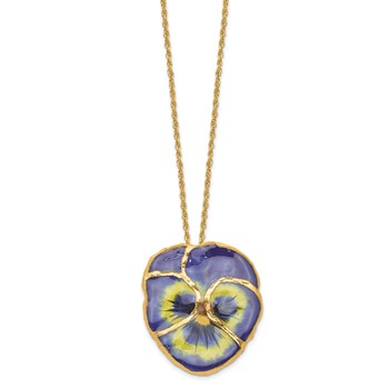 24K Gold-trim Lacquer Dipped Blue Real Pansy with 20 inch Gold-tone Necklace — alternate view