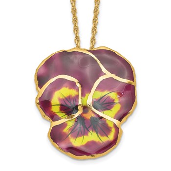 24K Gold-trim Lacquer Dipped Violet Real Pansy 20 inch Gold-tone Necklace
