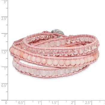 Leather Rose/Pink Quartz Crystal Multi Wrap/ Button Bracelet — alternate view