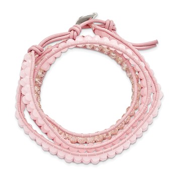 Pink Leather Rose Quartz Beaded Multi Wrap Brass Button Bracelet — alternate view