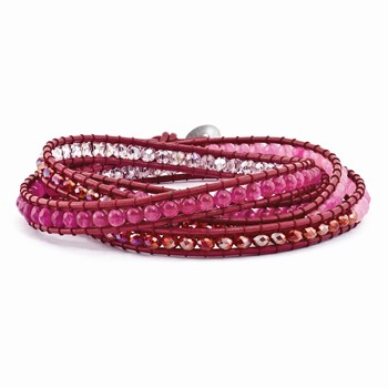 Multi Crystal and Multi Colored Jade Beaded Leather Multi-wrap Bracelet