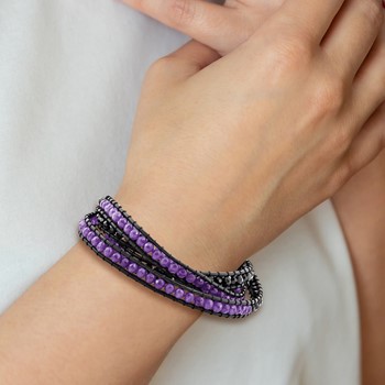 Black Crystal/Purple Quartz Bead/Leather Multi-wrap Bracelet — alternate view