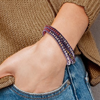 Multi Crystal and Multi Quartz Leather Multi-wrap Bracelet — alternate view