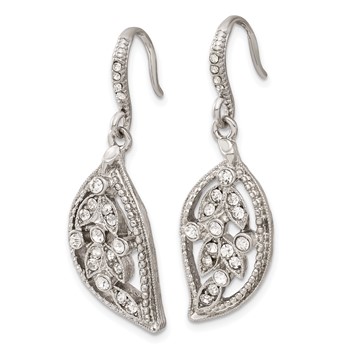 1928 Silver-tone White Crystal Textured Leaf Dangle Earrings — alternate view