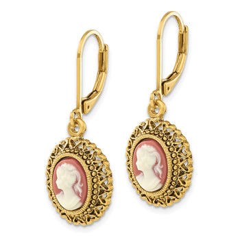 1928 Jewelry Gold-tone Filigree Frame Ivory Colored Lady Acrylic Cameo Dangle Leverback Earrings — alternate view