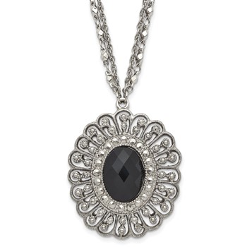 1928 Silver-tone Black Epoxy & Acrylic Fancy Bead w/3in ext. Necklace
