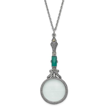 1928 Jewelry Silver-tone Hematite and Green Vintage Handle 4-5X Magnifying Glass 28 inch Necklace