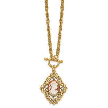 1928 Jewelry Gold-tone Filigree Frame Crystal Accent and Imitation Dark Carnelian with Ivory Colored Lady Cameo 18 inch Necklace