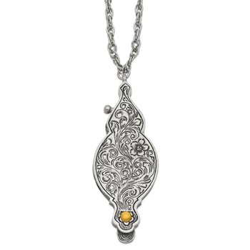 1928 Jewelry Pewter-tone and Gold-tone Vintage Floral Antiqued Cover with Fold Out 6-7X Magnifying Glass 30 inch Necklace