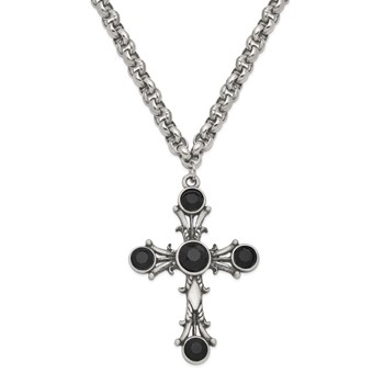 1928 Jewelry Silver-tone Jet BlackGlass Cross 16 inch Necklace with 3 inch extension