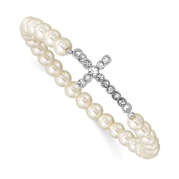 1928 Silver-tone Imitation Pearl and Crystal Cross Stretch Bracelet