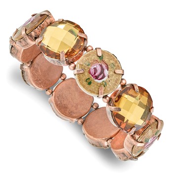 1928 Jewelry Copper-tone Topaz Acrylic Stone and Enameled Flower Accent Stretch Bracelet