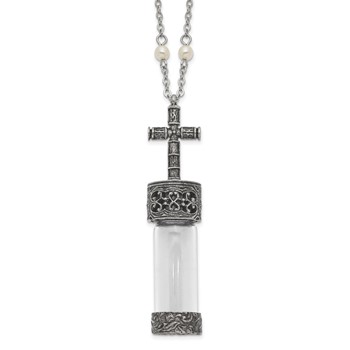 Symbols of Faith Pewter Silver-tone Cross Cap Glass Vial 30 Inch Necklace