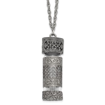 1928 Pewter Silver-tone Filigree Glass Vial with Cap 30 Inch Necklace