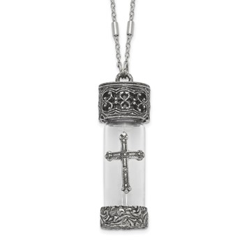 Symbols Of Faith Antique Pewter and Silver-tone Glass Cross Vial with Screw Cap 30 inch Necklace