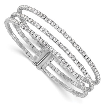 Silver-tone Crystal 3 Row Flexible Cuff Bangle