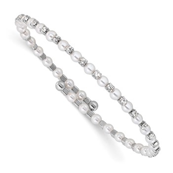 Silver-tone Imitation Acrylic Pearl & Crystal Flexible Bangle