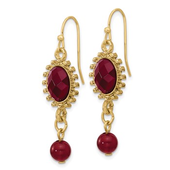 1928 Gold-toned Red Crystal Oval Shape and Bead Wire Drop Earrings — alternate view
